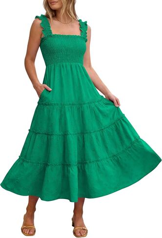 Caracilia Womens Summer Midi Dress Casual Square Neck Sleeveless Eyelet Smocked A Line Tiered 2026 Flowy Dresses with Pockets in Kuwait