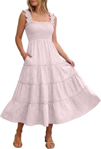 Caracilia Womens Summer Midi Dress Casual Square Neck Sleeveless Eyelet Smocked A Line Tiered 2026 Flowy Dresses with Pockets in Saudi Arabia