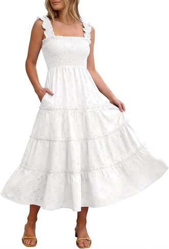Caracilia Womens Summer Midi Dress Casual Square Neck Sleeveless Eyelet Smocked A Line Tiered 2026 Flowy Dresses with Pockets in Saudi Arabia