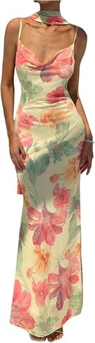 فستان نسائي طويل من GORGLITTER مزين بالورود مع وشاح للرقبة ورقبة متدلية شبكية بدون أكمام بدون ظهر وذيل السمكة فساتين طويلة in Kuwait