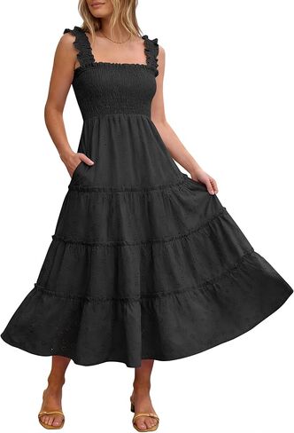 Caracilia Womens Summer Midi Dress Casual Square Neck Sleeveless Eyelet Smocked A Line Tiered 2026 Flowy Dresses with Pockets in Saudi Arabia