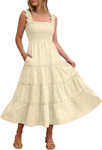Caracilia Womens Summer Midi Dress Casual Square Neck Sleeveless Eyelet Smocked A Line Tiered 2026 Flowy Dresses with Pockets in Saudi Arabia