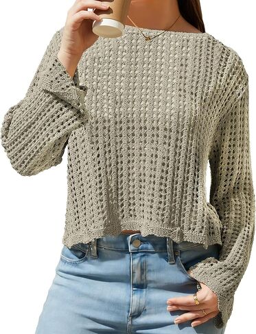 Women's Crochet Pullover Sweaters Cover Up Soft Hollow Out Cropped Beach Swim Coverup, Boat Neck Long Sleeve Tops in Saudi Arabia