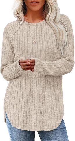 Womens Long Sleeve Knit Sweater Top, Casual Crewneck Ribbed Pullover, Soft Lightweight Fall and Winter Tunic for Ladies in Saudi Arabia