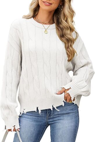 Women's Distressed Cable Knit Sweaters 2025 Oversized Casual Pullover Tops in Saudi Arabia