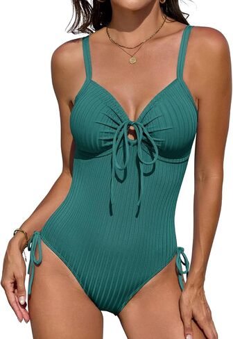 Women's Ribbed One Piece Swimsuit Tummy Control Slimming High Cut Bathing Suit O-Ring Tie Cutout Push Up Swimwear in Saudi Arabia