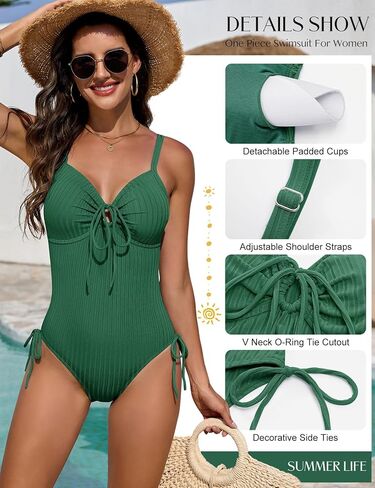 Women's Ribbed One Piece Swimsuit Tummy Control Slimming High Cut Bathing Suit O-Ring Tie Cutout Push Up Swimwear in Saudi Arabia
