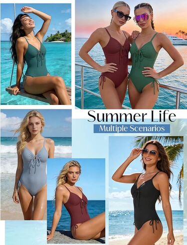 Women's Ribbed One Piece Swimsuit Tummy Control Slimming High Cut Bathing Suit O-Ring Tie Cutout Push Up Swimwear in Saudi Arabia