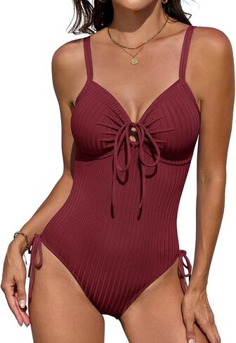 Women's Ribbed One Piece Swimsuit Tummy Control Slimming High Cut Bathing Suit O-Ring Tie Cutout Push Up Swimwear in Saudi Arabia