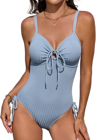 Women's Ribbed One Piece Swimsuit Tummy Control Slimming High Cut Bathing Suit O-Ring Tie Cutout Push Up Swimwear in Saudi Arabia