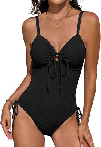 Women's Ribbed One Piece Swimsuit Tummy Control Slimming High Cut Bathing Suit O-Ring Tie Cutout Push Up Swimwear in Saudi Arabia