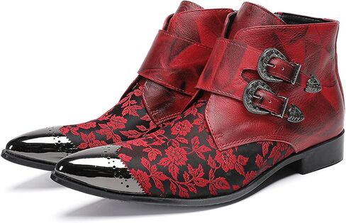 Santimon Men's Vintage Floral Leather Casual Chelsea Boots - Red Dress Ankle Cowboy Boots with Monk Straps & Metal Pointed Toe - Bar, Wedding & Party in Saudi Arabia