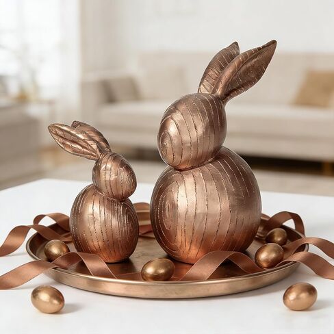 DN DECONATION Easter Decorations Bunny Figurines Set of 2 - Rabbit Statues Wood Texture Farmhouse Spring Home Decor, Gold Resin Easter Tabletop Modern Decor for Shelf, Mantel, Coffee Table in Kuwait