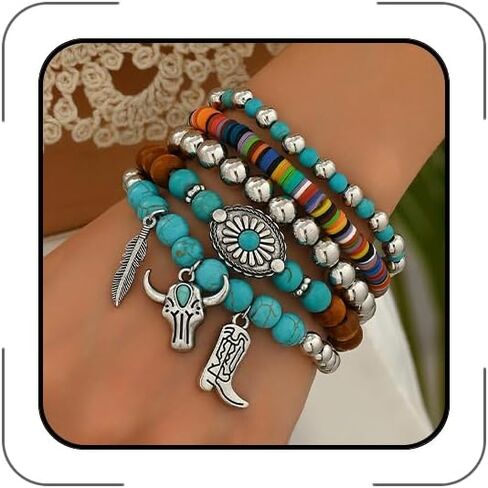 Boho Western Bracelets for Women Trendy Country Concert Outfits Turquoise Beaded Bracelets Cowboy Chic Cowgirl Jewelry Fashion Accessories in Saudi Arabia