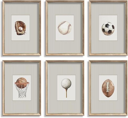 6Pcs Vintage Children's Sports Wall Art Kids Striped Wall Decor Football Baseball Basketball Soccer Golf Baseball Glove Poster Prints Pictures for Boys Room Nursery Home Decoration 8x10in Unframed in Saudi Arabia