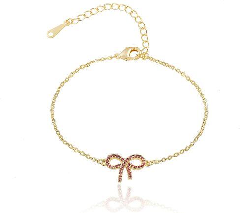 18K Gold Plated Bow Bracelet, Pink Cubic Zirconia, Waterproof Stackable Charm Bracelet, Fashion Jewelry Gift for Women in Saudi Arabia