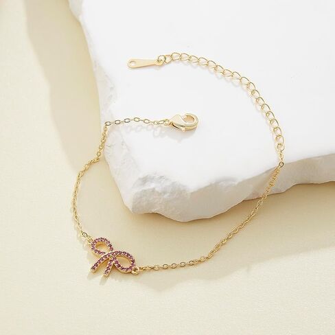 18K Gold Plated Bow Bracelet, Pink Cubic Zirconia, Waterproof Stackable Charm Bracelet, Fashion Jewelry Gift for Women in Saudi Arabia