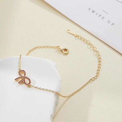 18K Gold Plated Bow Bracelet, Pink Cubic Zirconia, Waterproof Stackable Charm Bracelet, Fashion Jewelry Gift for Women in Saudi Arabia