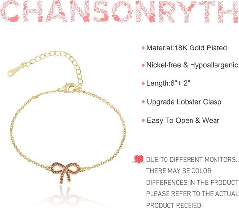 18K Gold Plated Bow Bracelet, Pink Cubic Zirconia, Waterproof Stackable Charm Bracelet, Fashion Jewelry Gift for Women in Saudi Arabia