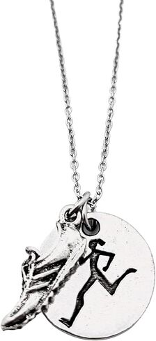 Runner Girl Running Shoe Necklace - Pewter Running Shoe Charm and Pewter Round Runner Girl Pendant on 18 inch Stainless Steel Chain in Saudi Arabia