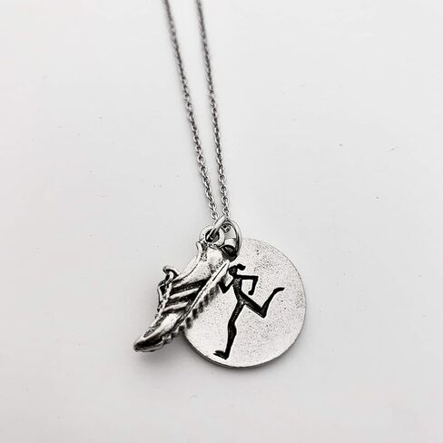 Runner Girl Running Shoe Necklace - Pewter Running Shoe Charm and Pewter Round Runner Girl Pendant on 18 inch Stainless Steel Chain in Saudi Arabia