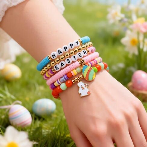 Easter Beaded Bracelet Set, Stretch Bracelets with Bunny & Egg Charms, Colorful Spring Jewelry for Women, Easter Party Favor Bracelets in Saudi Arabia