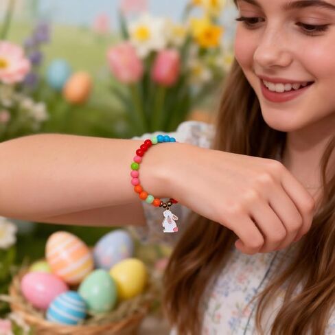 Easter Beaded Bracelet Set, Stretch Bracelets with Bunny & Egg Charms, Colorful Spring Jewelry for Women, Easter Party Favor Bracelets in Saudi Arabia