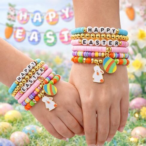 Easter Beaded Bracelet Set, Stretch Bracelets with Bunny & Egg Charms, Colorful Spring Jewelry for Women, Easter Party Favor Bracelets in Saudi Arabia