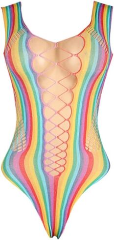 Ximimark 1 pcs Vibrant Rainbow Striped Sleeveless Teddy Bodysuit - Seductive Hollow Out & Backless Thong Design - Womens Sexy Lingerie for a Daring Look in Saudi Arabia