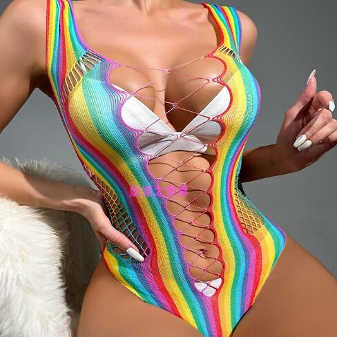 Ximimark 1 pcs Vibrant Rainbow Striped Sleeveless Teddy Bodysuit - Seductive Hollow Out & Backless Thong Design - Womens Sexy Lingerie for a Daring Look in Saudi Arabia
