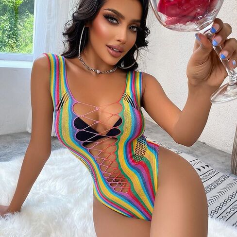 Ximimark 1 pcs Vibrant Rainbow Striped Sleeveless Teddy Bodysuit - Seductive Hollow Out & Backless Thong Design - Womens Sexy Lingerie for a Daring Look in Saudi Arabia