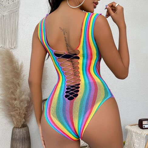 Ximimark 1 pcs Vibrant Rainbow Striped Sleeveless Teddy Bodysuit - Seductive Hollow Out & Backless Thong Design - Womens Sexy Lingerie for a Daring Look in Saudi Arabia