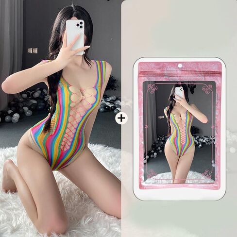 Ximimark 1 pcs Vibrant Rainbow Striped Sleeveless Teddy Bodysuit - Seductive Hollow Out & Backless Thong Design - Womens Sexy Lingerie for a Daring Look in Saudi Arabia