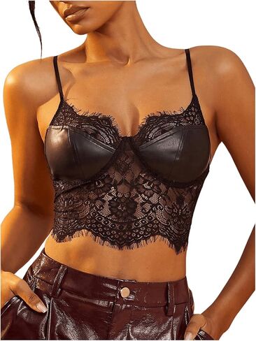 Women's Pu Leather Lace Crop Top Y2k Sheer V Neck Spaghetti Strap Camisole Party Club Tops in Kuwait