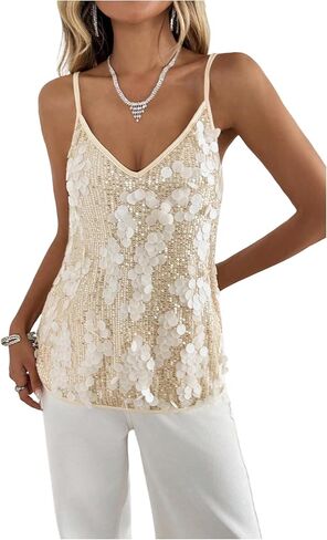 SweatyRocks Women's Sequin Tank Top Sexy Deep V Neck Sparkly Sleeveless Rave Party Night Out Tops in Saudi Arabia