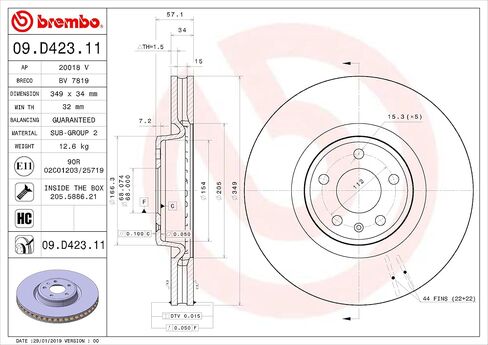 Brembo 09.D423.11 UV Coated vented Front Brake Rotor AUDI/HONDA/VW OE# 4M0615301AB in Saudi Arabia