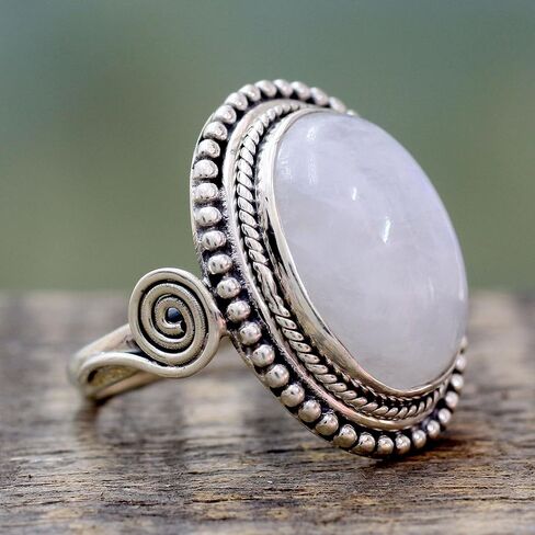 NOVICA Artisan Handmade Rainbow Moonstone Cocktail Ring India .925 Sterling Silver with White Clear 'Rainbow Glow' in Saudi Arabia