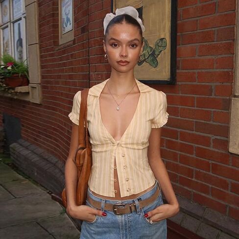 Women's Short Sleeve Button Down Striped Blouse, V-Neck Fitted Summer Crop Top, Casual Yellow Shirt for Stylish Outfits in Saudi Arabia