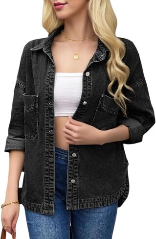 Women's Retro Denim Button Down Shirt, Casual Loose Fit, Long Sleeve with Front Pockets, for Early Autumn in Saudi Arabia