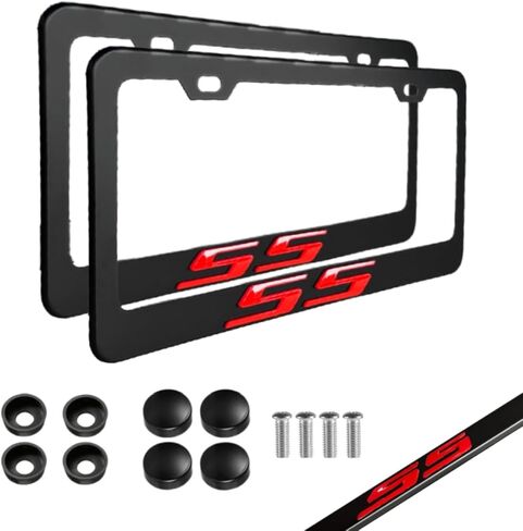 2PCS Black License Plate Frames Aluminum Alloy Car License Plate Holders License Plate Cover with Tire Valve Caps and Keychain Compatible with Camaro Malibu Cruze Impala (S-red) in Saudi Arabia