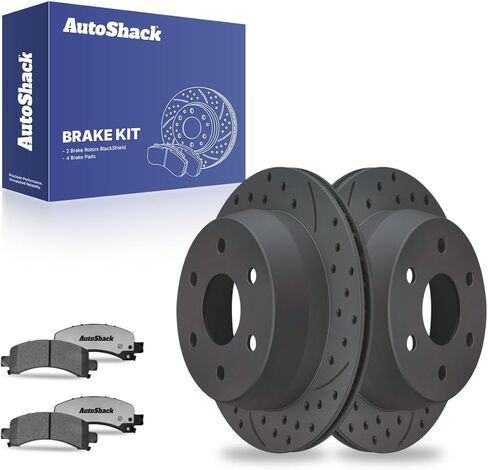 دوارات الفرامل المطلية بالزنك الفضية المحفورة والمشقوقة من AutoShack + وسادات سيراميك 6 قطع بديلة لمجموعة الفرامل لـ 2003-2014 شيفروليه إكسبريس 1500 سيلفر شيلد برو 12.99 بوصة (330 مم) in Saudi Arabia