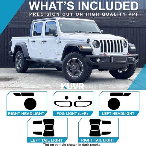 طقم تلوين الضوء الخلفي للمصابيح الأمامية المقطوعة مسبقًا متوافق مع Jeep Gladiator 2020-2025 | غلاف غلاف من الفينيل PPF قابل للتمدد بدقة (دخان داكن) in Kuwait