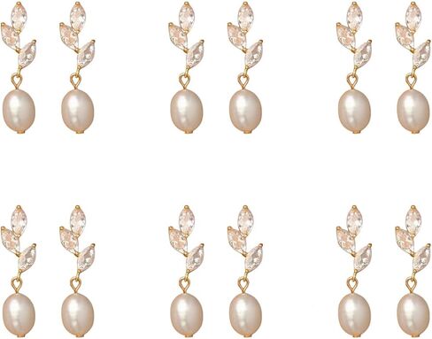 6 Pairs Dainty Pearl Earrings for Women,Gold Pearl Drop Stud Earrings,Bridesmaid Earring,Freshwater CZ Leaf Dangle Drop Earring,Elegant Oval PearlStuds for Wedding,Jewelry Gifts for Women in Kuwait