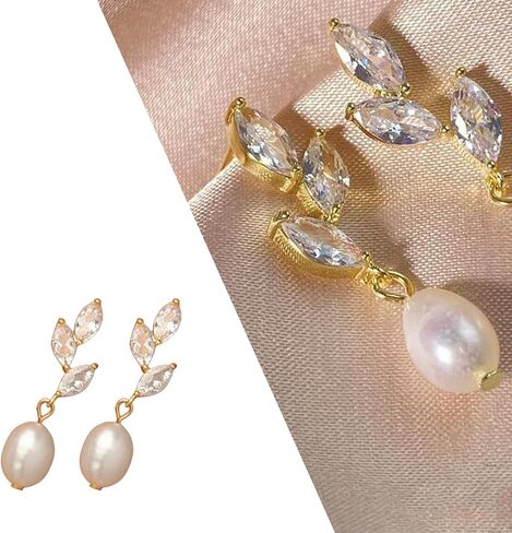 6 Pairs Dainty Pearl Earrings for Women,Gold Pearl Drop Stud Earrings,Bridesmaid Earring,Freshwater CZ Leaf Dangle Drop Earring,Elegant Oval PearlStuds for Wedding,Jewelry Gifts for Women in Kuwait