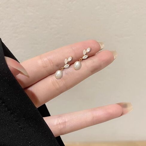 6 Pairs Dainty Pearl Earrings for Women,Gold Pearl Drop Stud Earrings,Bridesmaid Earring,Freshwater CZ Leaf Dangle Drop Earring,Elegant Oval PearlStuds for Wedding,Jewelry Gifts for Women in Kuwait