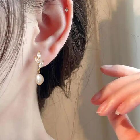 6 Pairs Dainty Pearl Earrings for Women,Gold Pearl Drop Stud Earrings,Bridesmaid Earring,Freshwater CZ Leaf Dangle Drop Earring,Elegant Oval PearlStuds for Wedding,Jewelry Gifts for Women in Kuwait