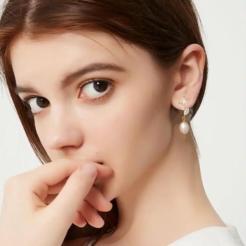 6 Pairs Dainty Pearl Earrings for Women,Gold Pearl Drop Stud Earrings,Bridesmaid Earring,Freshwater CZ Leaf Dangle Drop Earring,Elegant Oval PearlStuds for Wedding,Jewelry Gifts for Women in Kuwait