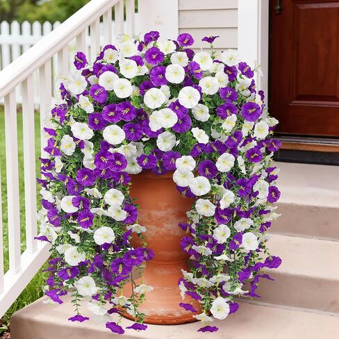 Artificial Hanging Flowers for Outdoors, 2 Packs Fake Flowers Silk Morning Glory with Eucalyptus UV Resistant Realistic Petunias Hanging Faux Plants Vine for Home Patio Porch Garden Planter Decor in Saudi Arabia