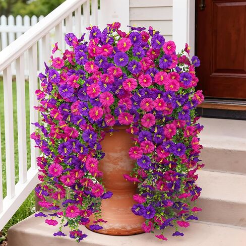 Artificial Hanging Flowers for Outdoors, 2 Packs Fake Flowers Silk Morning Glory with Eucalyptus UV Resistant Realistic Petunias Hanging Faux Plants Vine for Home Patio Porch Garden Planter Decor in Saudi Arabia