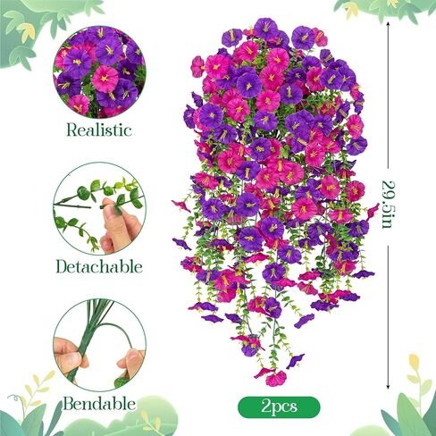 Artificial Hanging Flowers for Outdoors, 2 Packs Fake Flowers Silk Morning Glory with Eucalyptus UV Resistant Realistic Petunias Hanging Faux Plants Vine for Home Patio Porch Garden Planter Decor in Saudi Arabia